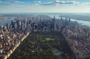 Aerial view of the buildings, skyscrapers and Central Park in Manhattan
