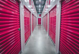 A hallway filled with red storage unit doors